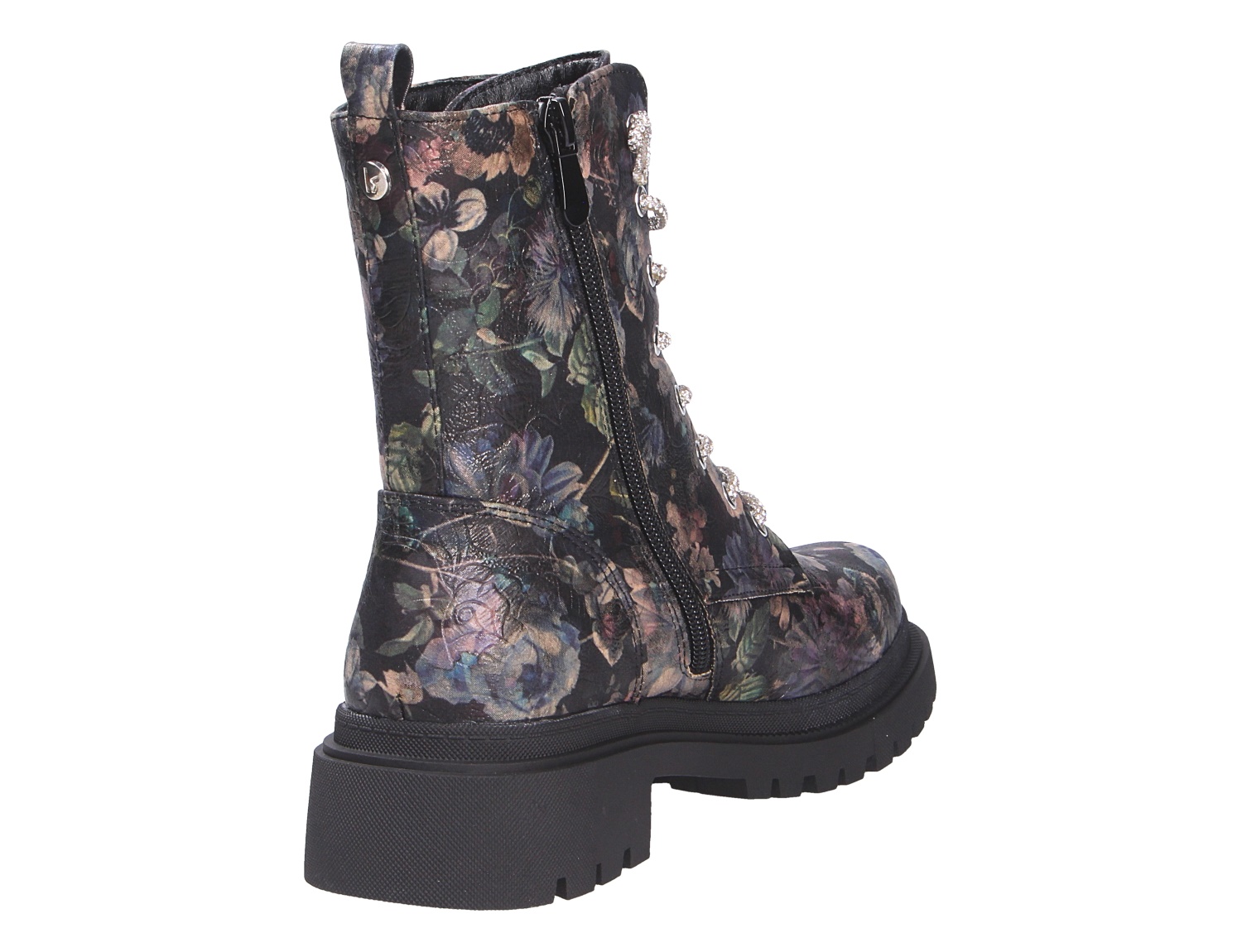 La Strada Damen Stiefel in Schwarz mit floralem Muster, seitlichem Reißverschluss, Schnürung und markanter Plateausohle
