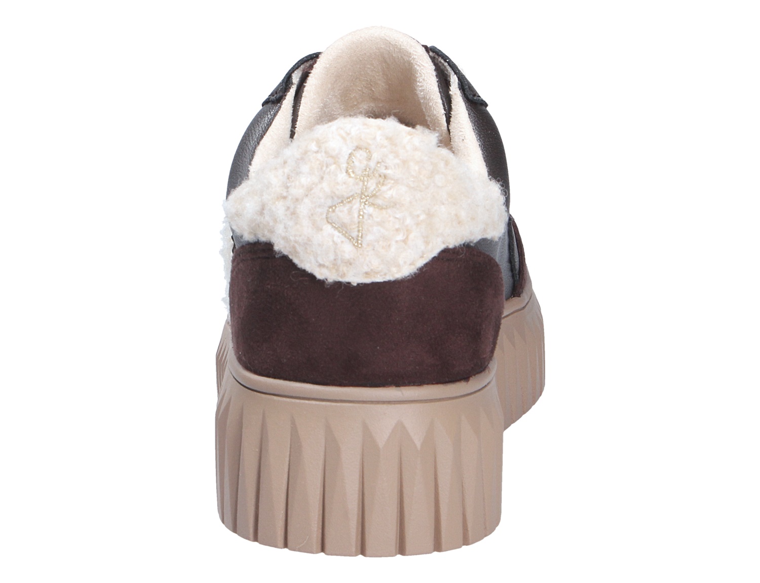 Rückansicht des Marco Tozzi Damen Sneakers mit kuscheligem Innenfutter, dunklem Fersenbereich und beigefarbener profilierter Plateausohle