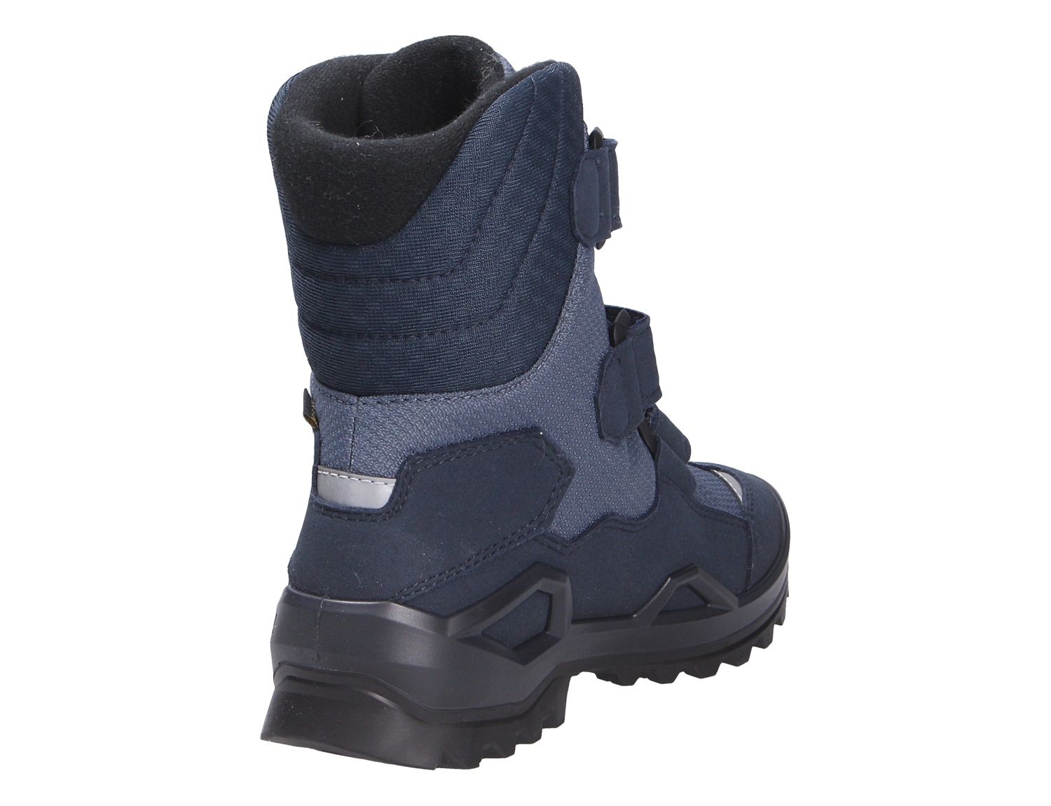 Rückansicht des Lowa MILO EVO GTX HI JR Kinder-Winterstiefels in Dunkelblau mit hohem Schaft, Klettverschlüssen und profilierter Sohle