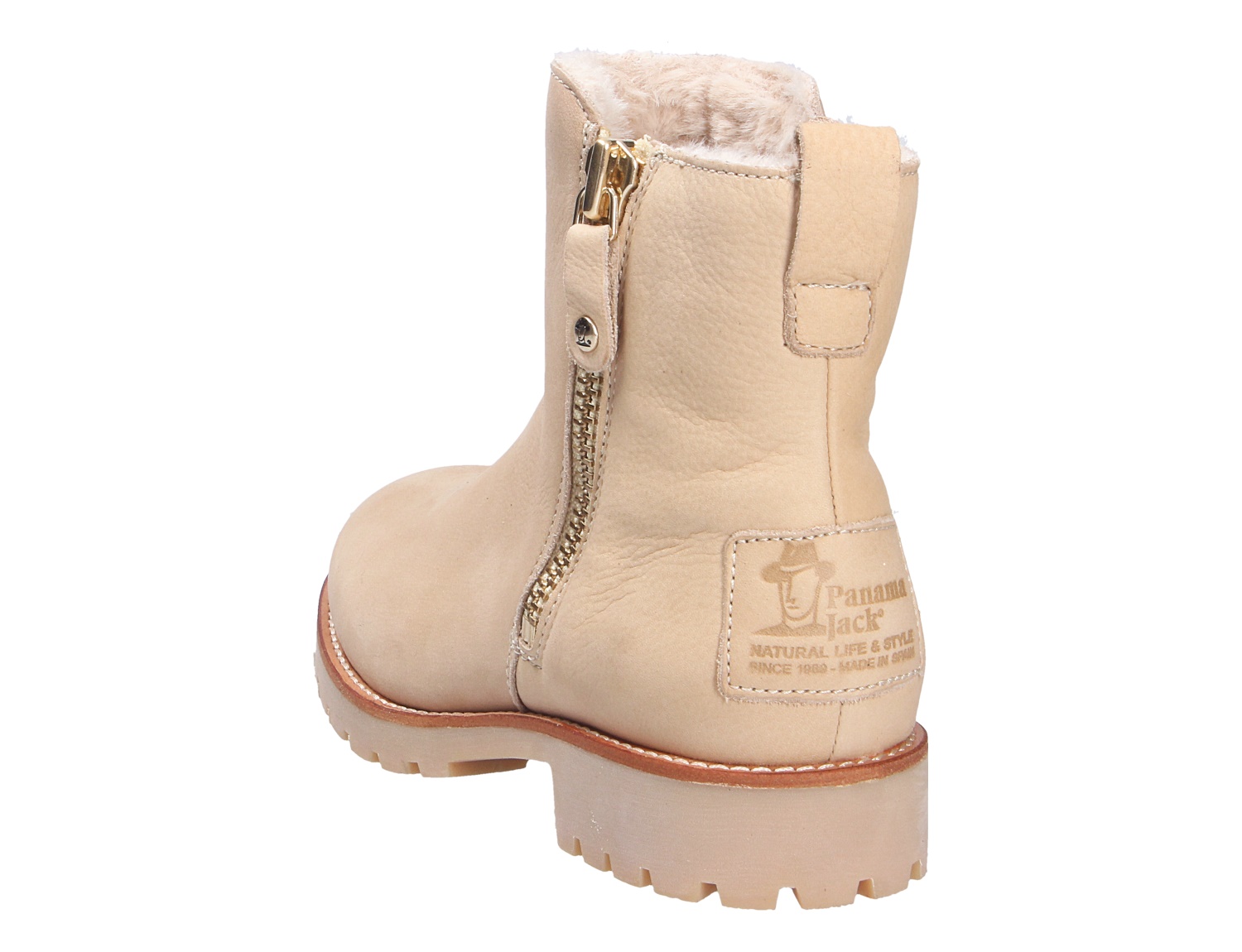 Panama Jack Fiore beige Winterstiefelette aus Leder mit seitlichem Reißverschluss, Profilsohle und kuscheligem Innenfutter, Rückansicht