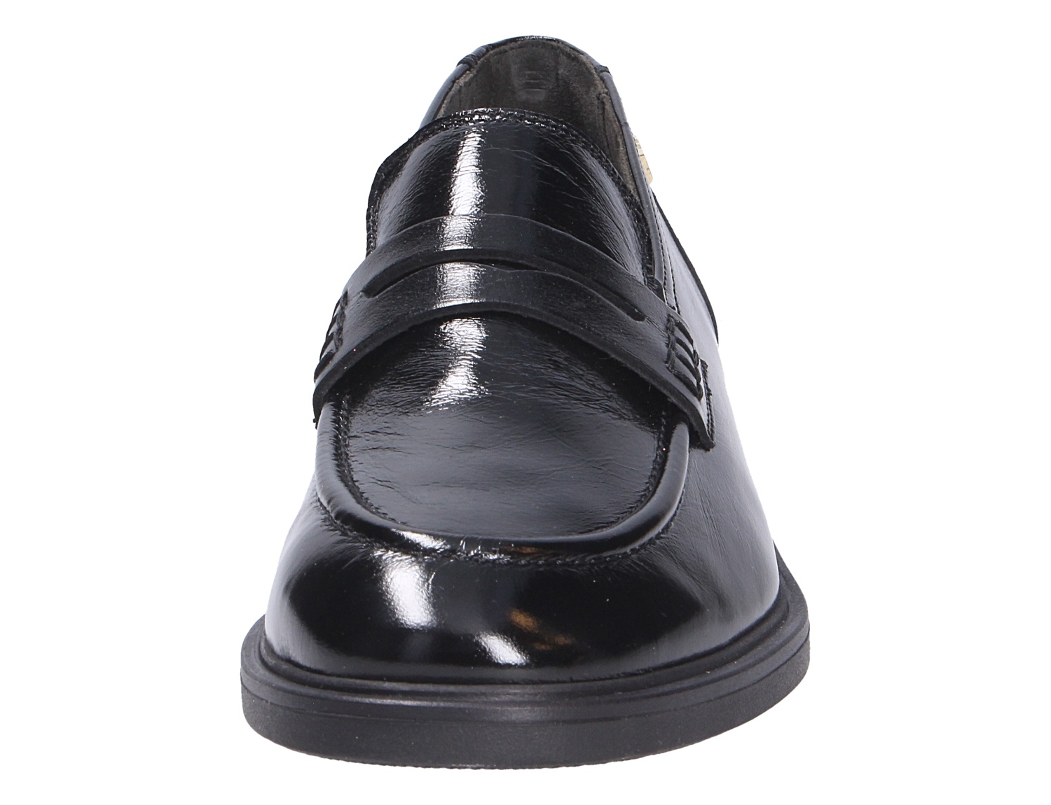 Vorderansicht eines schwarzen Paul Green Damen Slippers aus glänzendem Glattleder mit klassischer Lasche und flacher Sohle