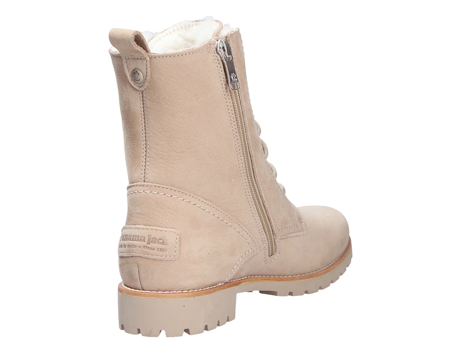 Panama Jack Fara Damen-Winterstiefelette aus beigem Leder, Rückansicht mit seitlichem Reißverschluss, Profilsohle und kuscheligem Innenfutter
