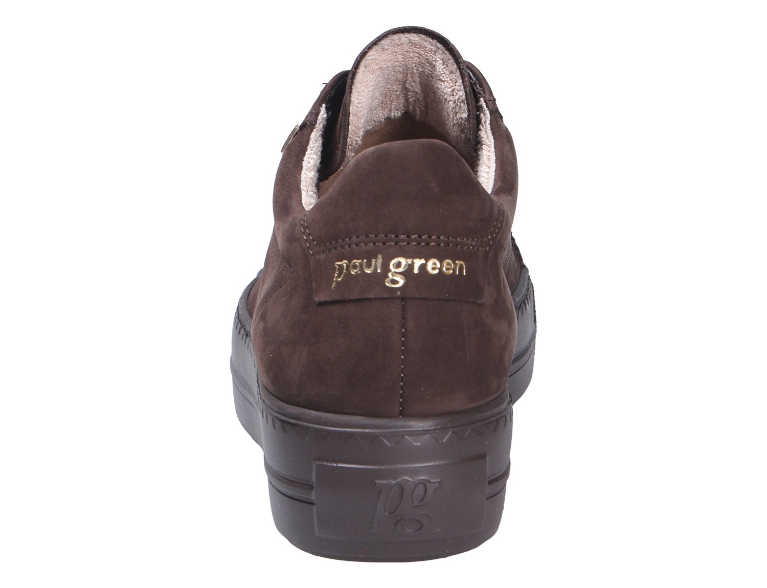 Rückansicht des Paul Green Damen Sneakers in Dunkelbraun aus Veloursleder mit goldfarbenem Paul Green Logo an der Ferse