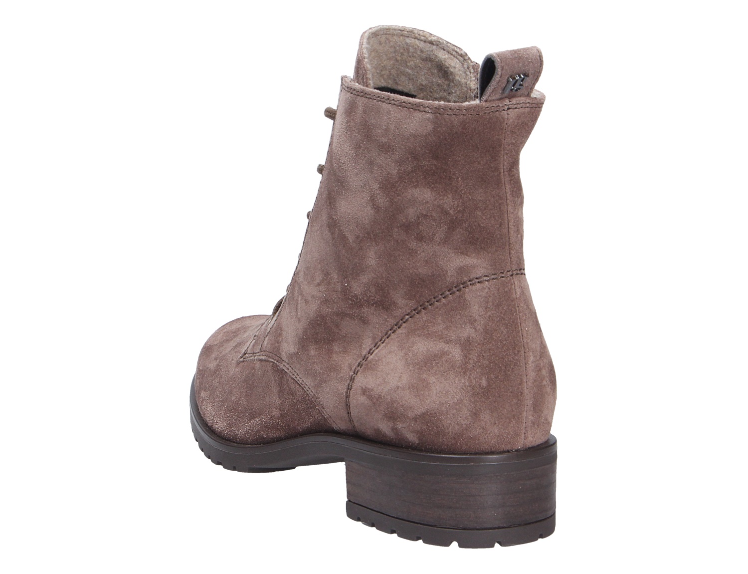 Paul Green Damen Stiefel aus braunem Veloursleder in Rückansicht mit Schnürung, kurzer Schafthöhe und schwarzer Profilsohle