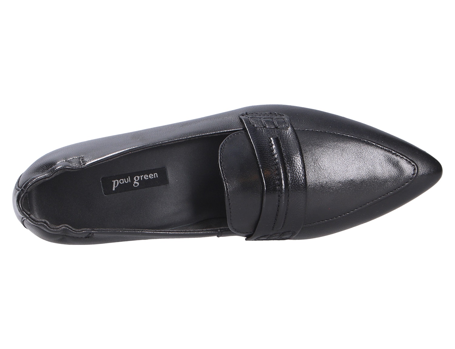 Paul Green Damen Slipper, schwarzer Glattleder-Loafer mit spitzer Vorderkappe und Riemendetail, Ansicht von oben