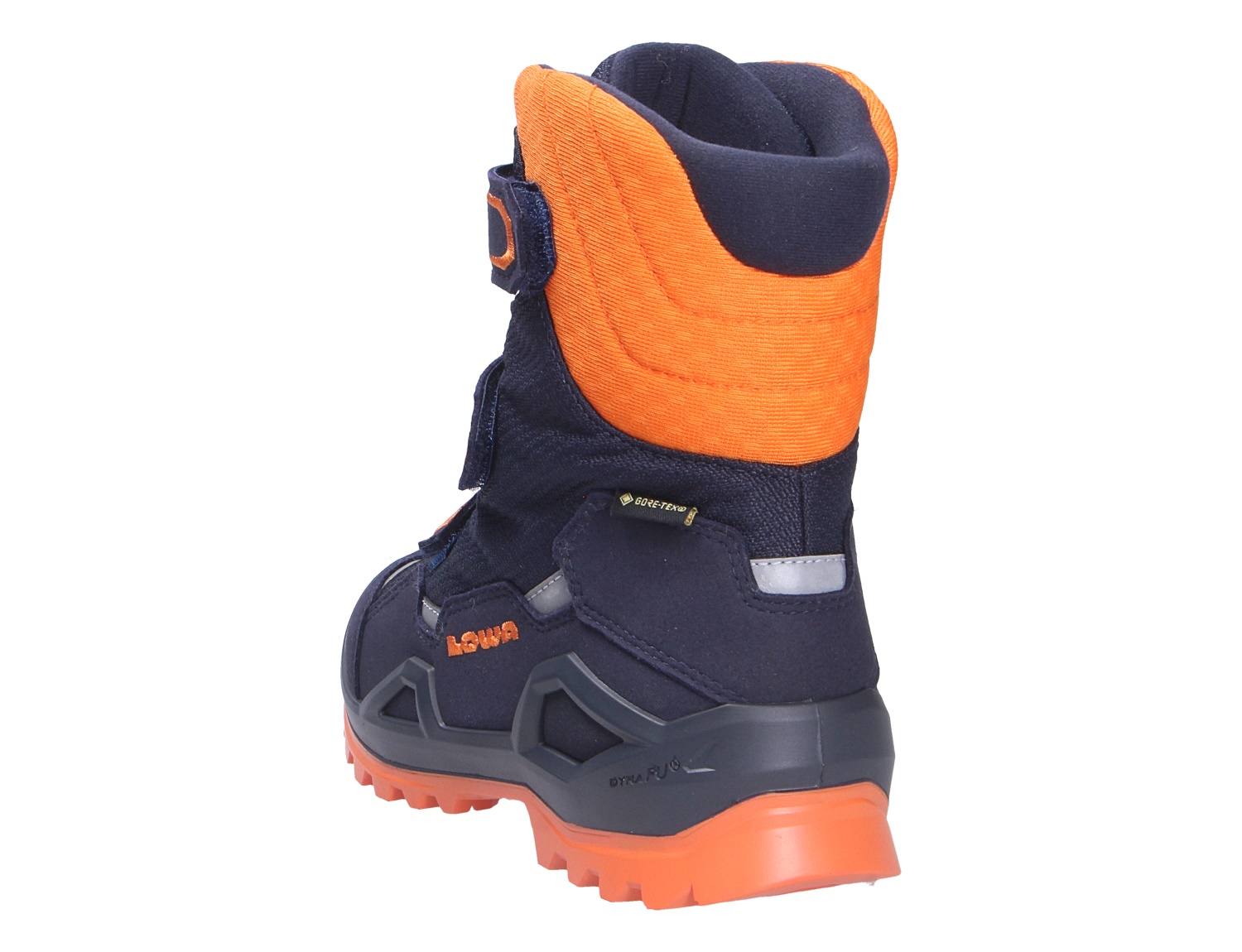 Rückansicht des Lowa MILO EVO GTX HI JR Kinder-Winterstiefels in Navy und Orange mit hohem Schaft und GORE-TEX-Ausstattung