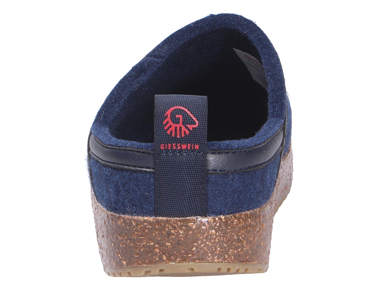 Rückansicht des Giesswein WOOL CLOG in Dunkelblau aus Wolle mit Korksohle und Logo-Schlaufe an der Ferse