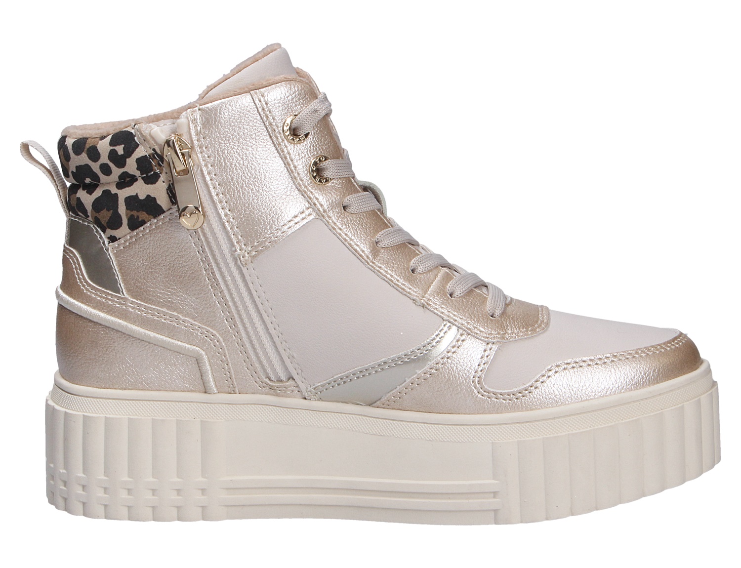 Marco Tozzi Damen Sneaker in Champagner mit hoher Plateausohle, Schnürung, seitlichem Reißverschluss und gepolstertem Leo-Schaftrand