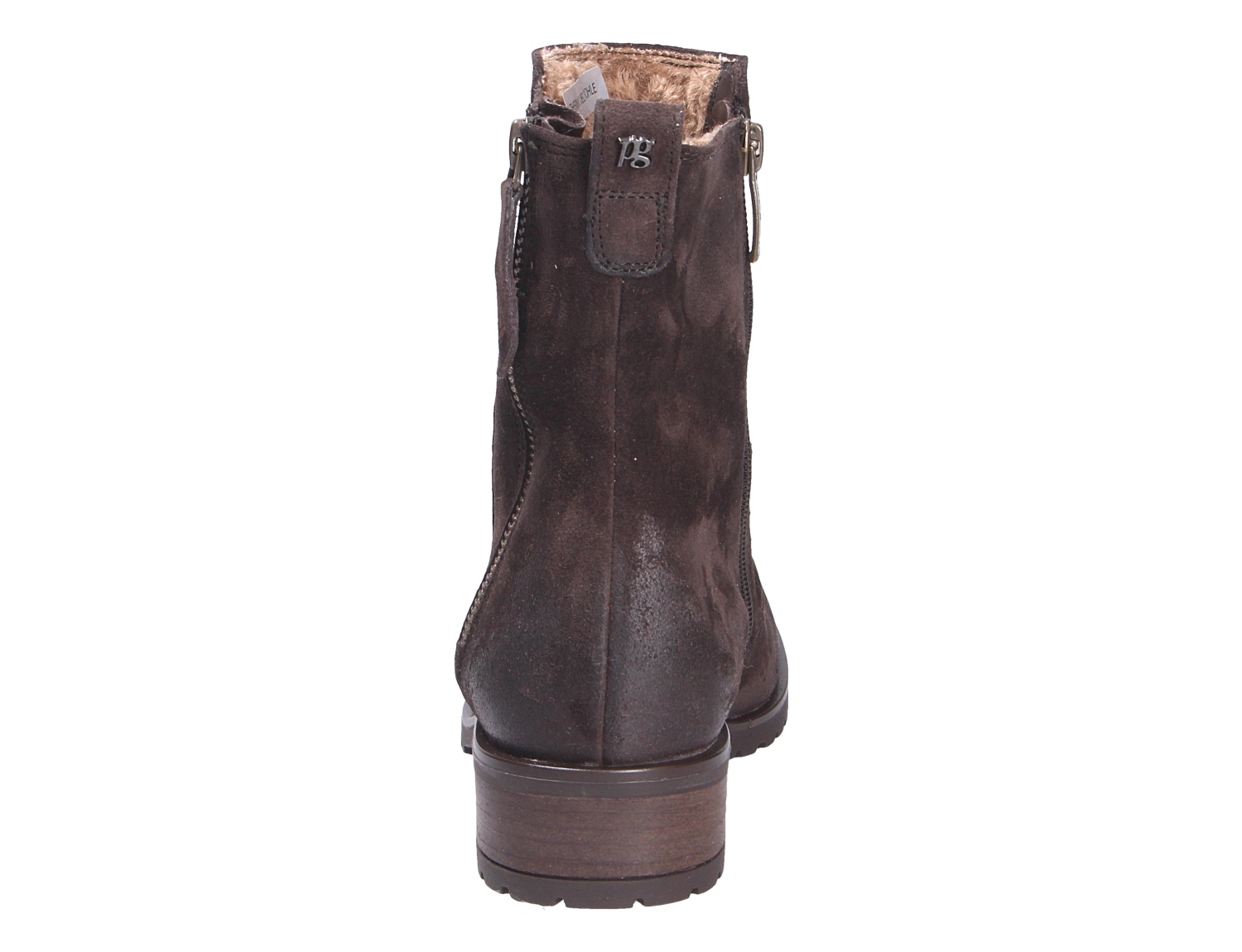 Rückansicht der Paul Green Damen Stiefel in Dunkelbraun aus Veloursleder mit seitlichem Reißverschluss, Profilsohle und warmem Innenfutter