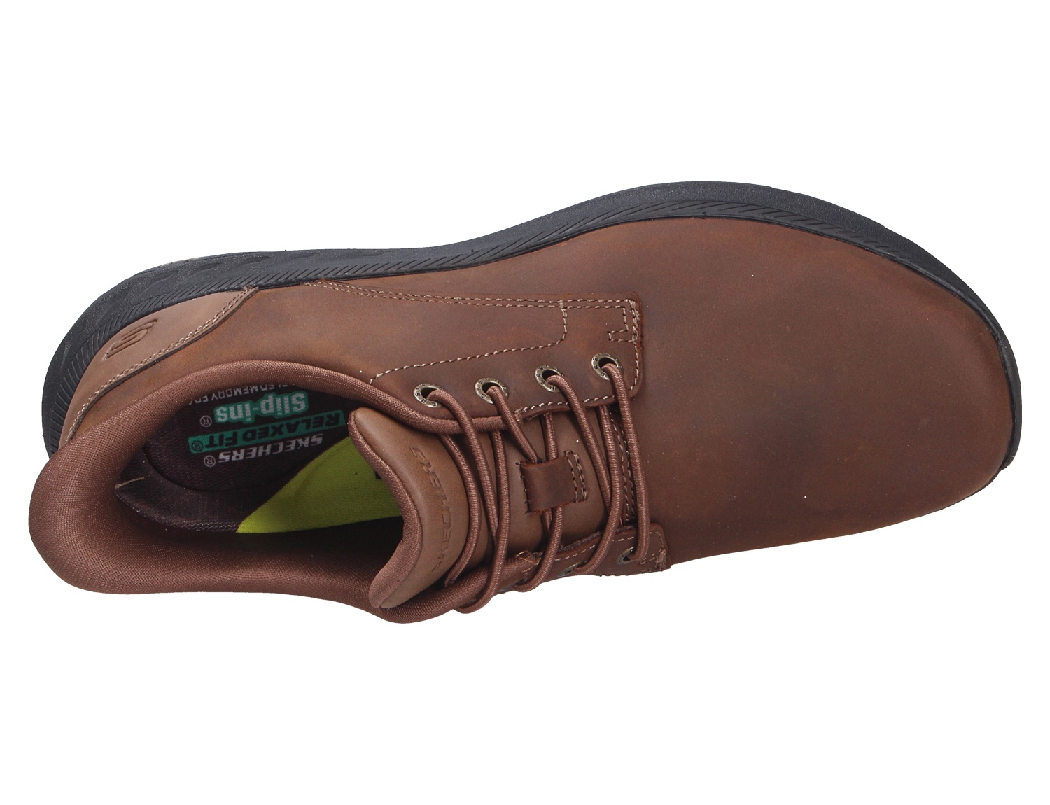 Draufsicht auf den braunen Skechers Pollard Herren-Schnürschuh mit Schnürung, gepolstertem Schaftrand und schwarzer Sohle