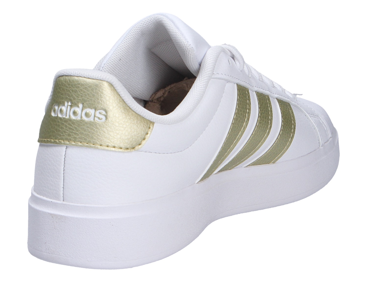 Adidas STREETTALK Sneaker, weiße Damen-Sneaker mit goldenen 3-Streifen und goldener Ferse, Rückansicht schräg