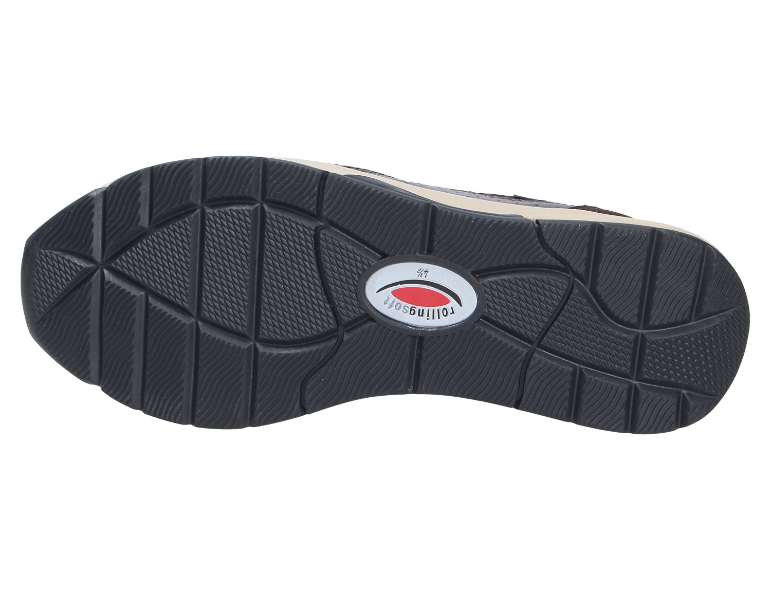 Unteransicht der schwarzen Profilsohle des Gabor Rolling Soft Schuhs mit flexiblem Laufsohlenprofil