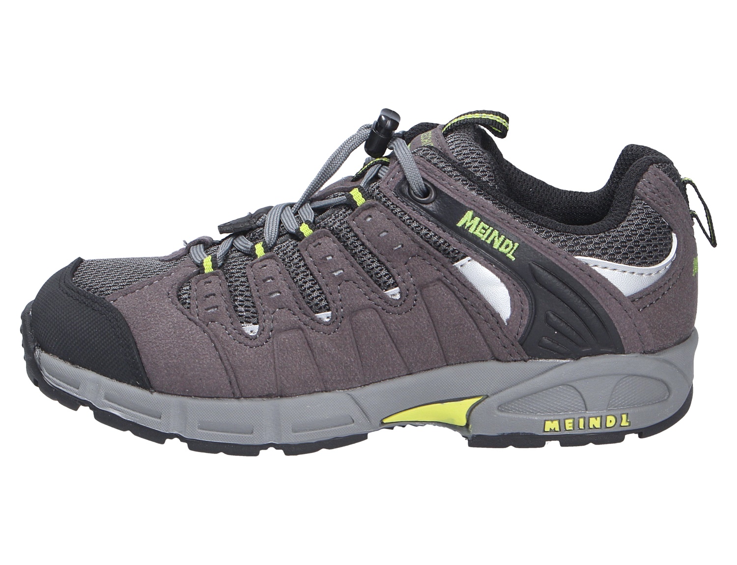Meindl Snap Junior Kinder-Outdoorschuh in Grau und Schwarz mit Mesh-Einsätzen, robuster Sohle und Schnellverschluss in seitlicher Ansicht