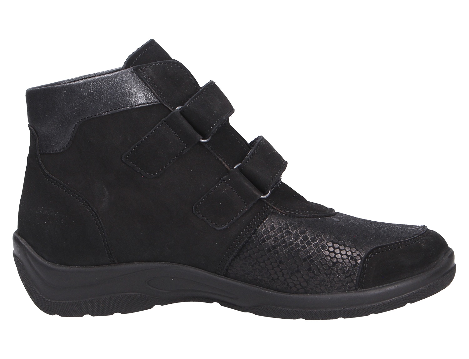 Waldläufer Damen Stiefel, schwarzer komfortabler Knöchelstiefel mit drei Klettverschlüssen, seitlicher Ansicht und Strukturprägung im Vorderfußbereich
