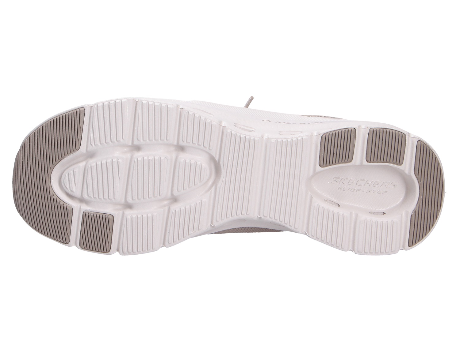 Unteransicht der profilierten Laufsohle des Skechers Glide Step Pro Sneakers in Weiß mit flexiblen Grip-Zonen