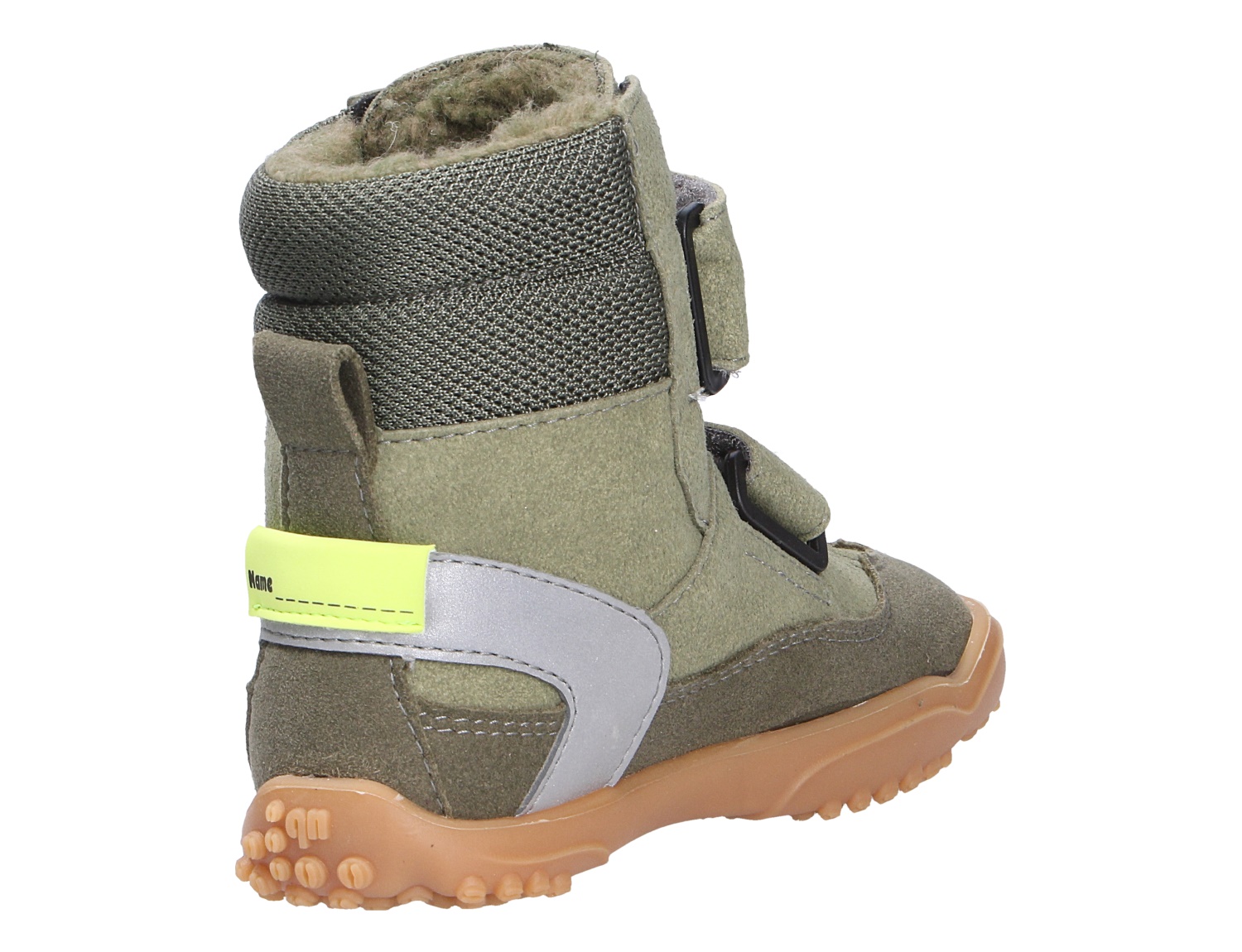 Ricosta Jungen Stiefel in Khaki, warmer Kinderstiefel mit Klettverschluss, Profilsohle und reflektierendem Fersendetail, Rückansicht