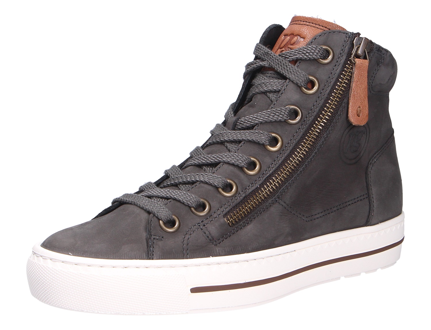 Paul Green Damen Sneaker aus weichem grauem Nubukleder, sportiver hoher Schnürschuh mit Schnürung, seitlichem Reißverschluss und weißer flacher Sohle