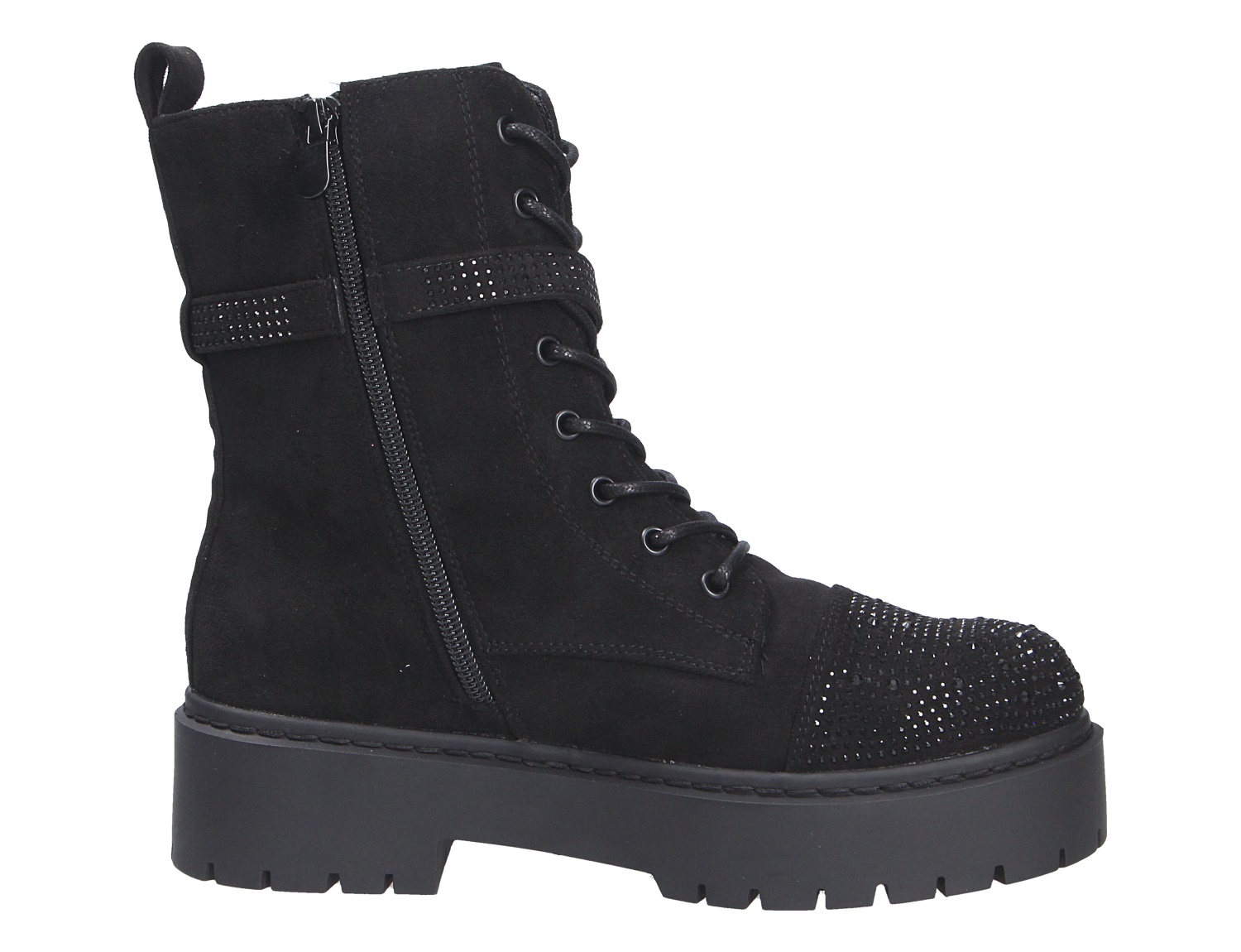 La Strada Damen Stiefel in Schwarz, knöchelhoher Schnürstiefel mit seitlichem Reißverschluss, Profilsohle und Glitzerstein-Besatz an Spitze und Schaft