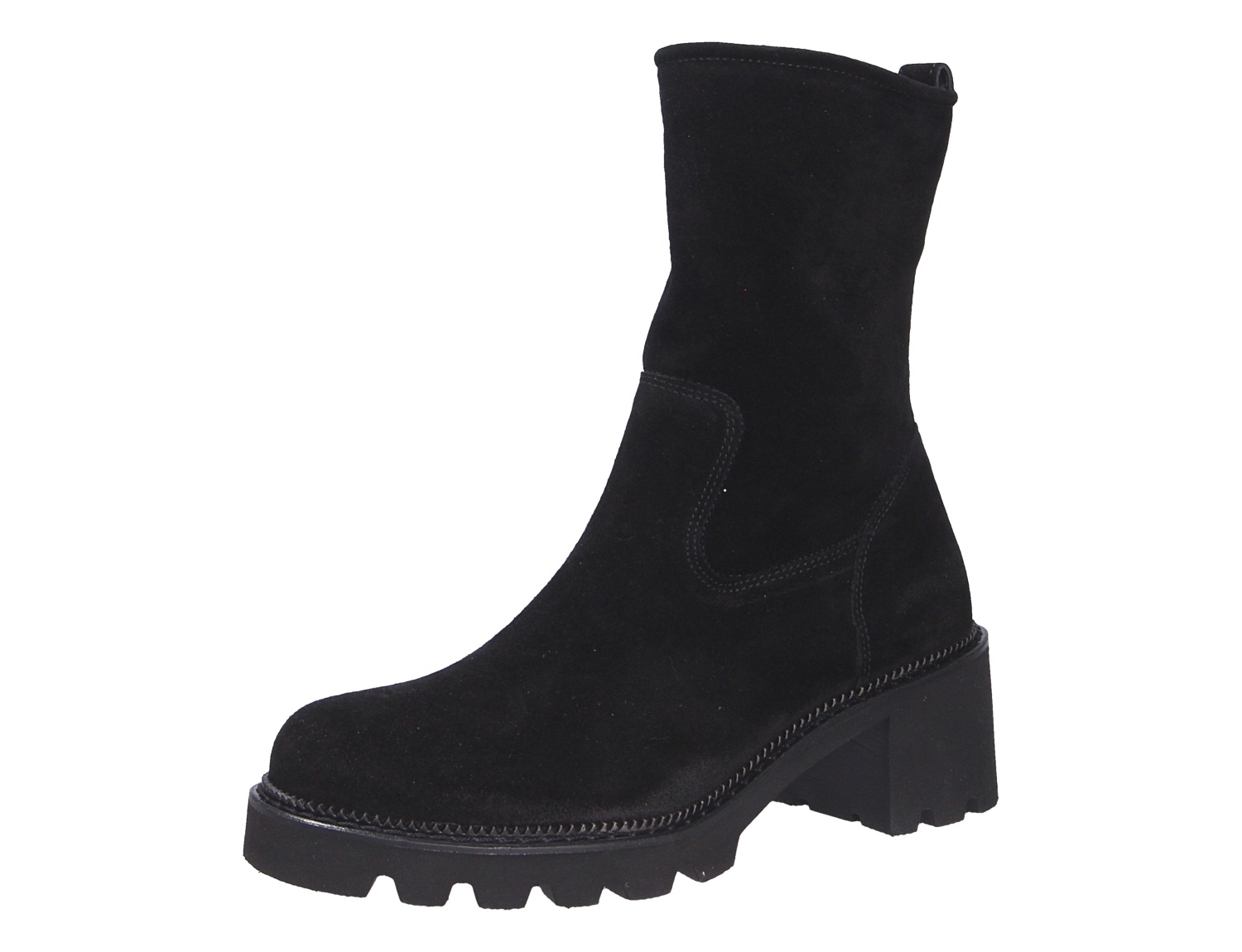 Paul Green Damen Stiefel, schwarzer Veloursleder-Stiefel mit Blockabsatz und markanter Profilsohle