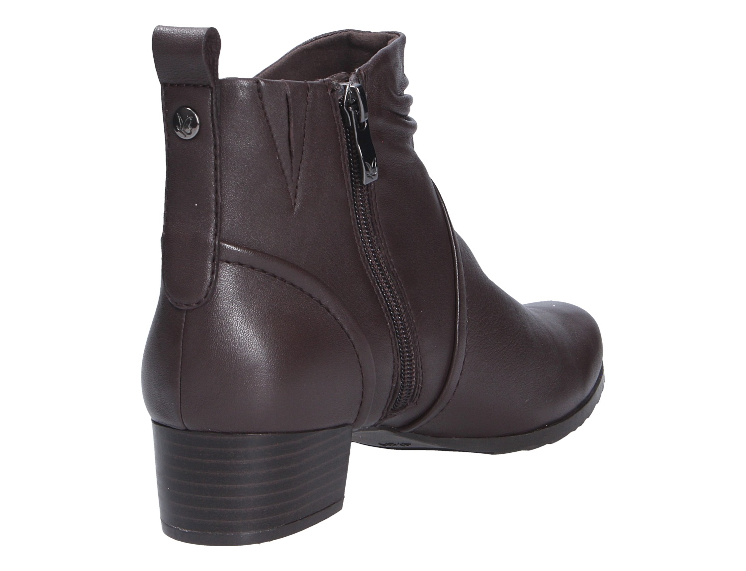 Caprice Damen Stiefel in Dunkelbraun, seitliche Rückansicht einer eleganten Stiefelette mit Blockabsatz, Reißverschluss und dekorativer Lasche