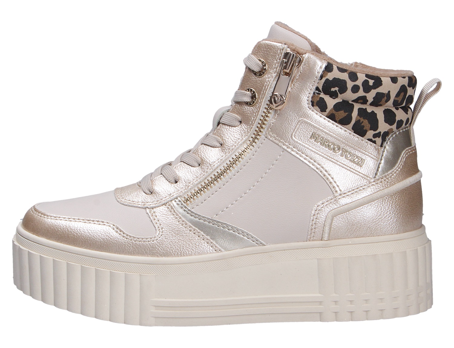 Marco Tozzi Damen Sneaker in Champagner-Metallic mit Plateausohle, seitlichem Reißverschluss und gepolstertem Schaft mit Leo-Muster