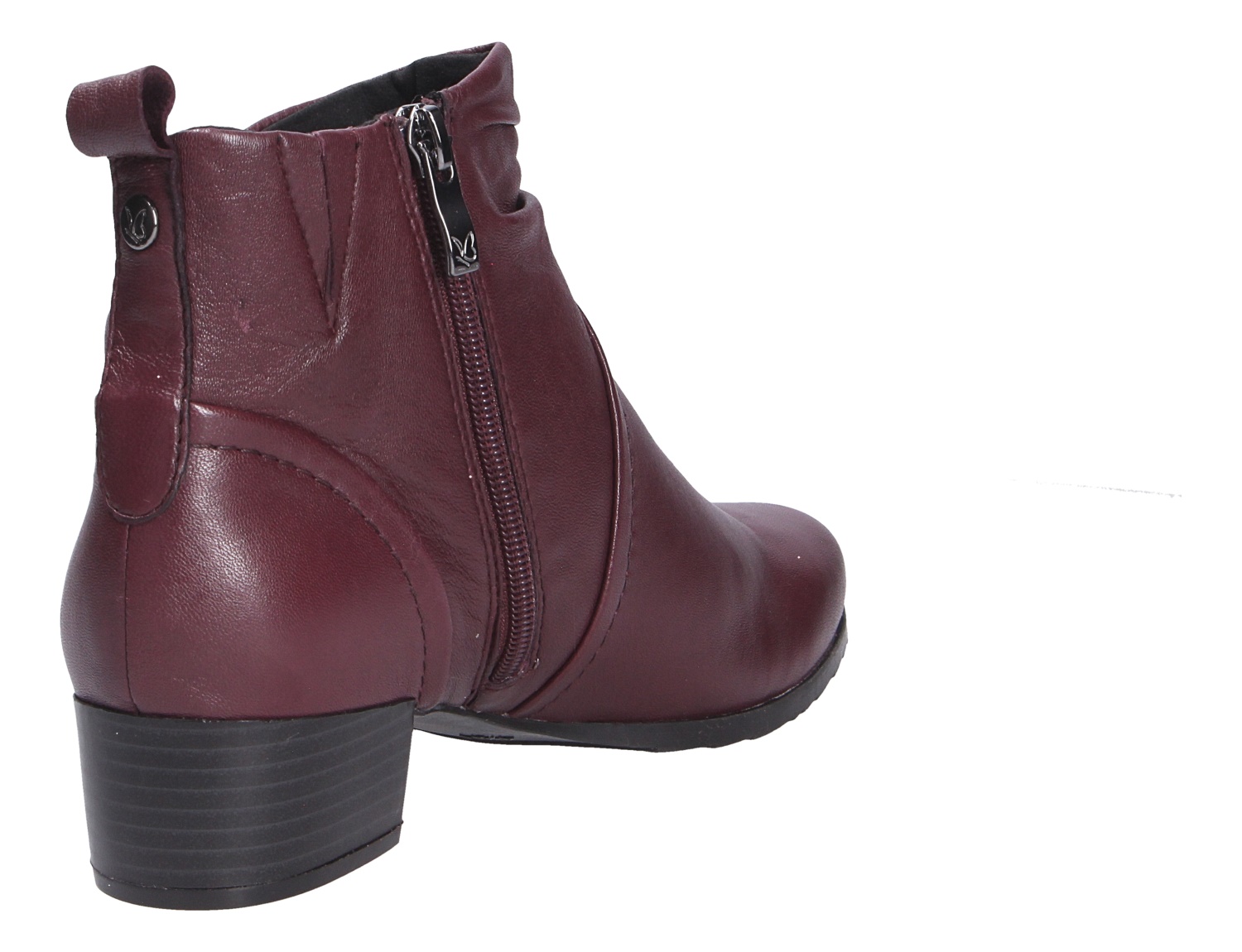 Caprice Damen Stiefel in Bordeaux als elegante Stiefelette aus glattem Leder mit seitlichem Reißverschluss und Blockabsatz, Rückansicht schräg