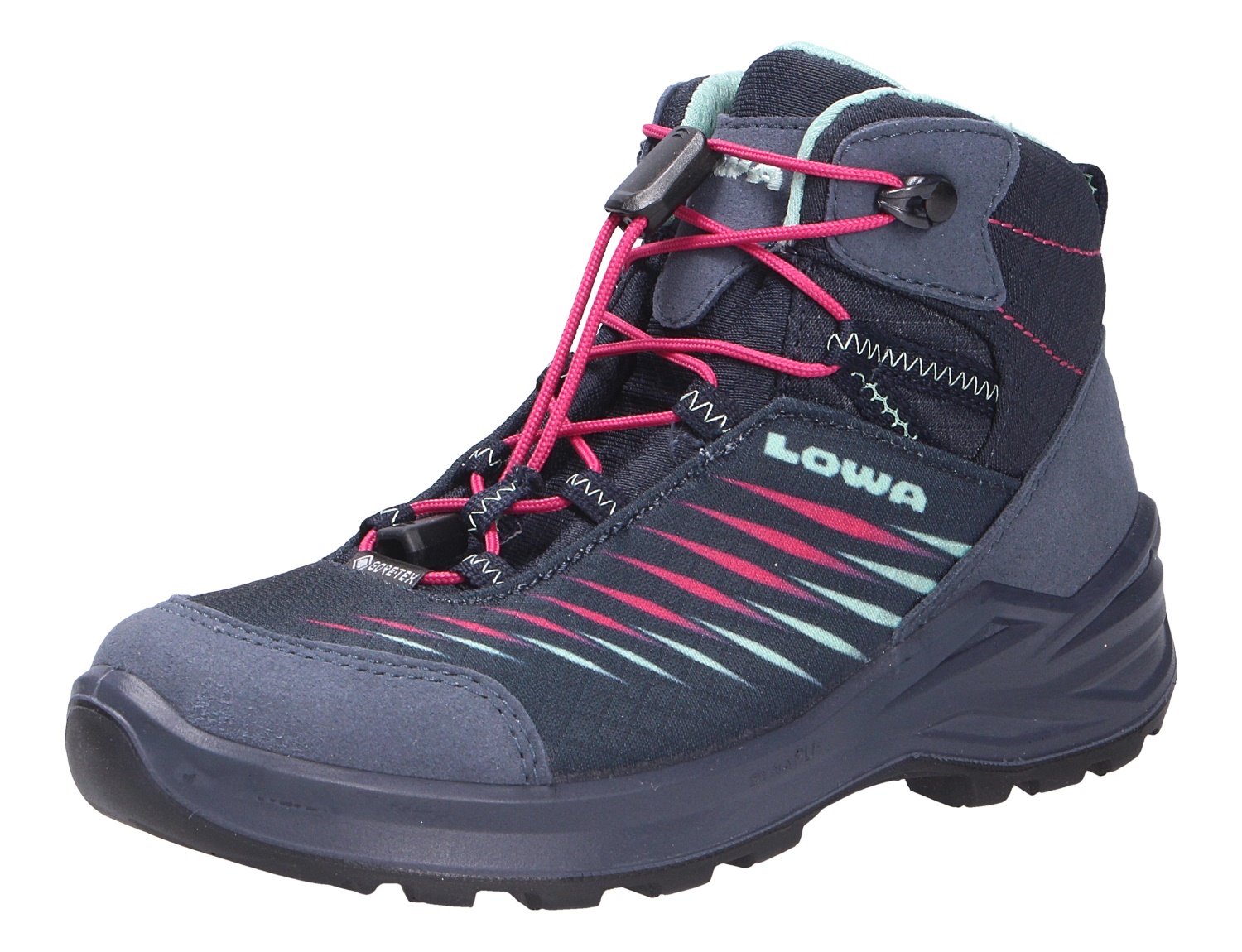Lowa ZIRROX II GTX MID JR Kinder-Wanderschuh, wasserdichter Mid-Cut Outdoorschuh in Dunkelblau mit pinken Schnürsenkeln und griffiger Sohle