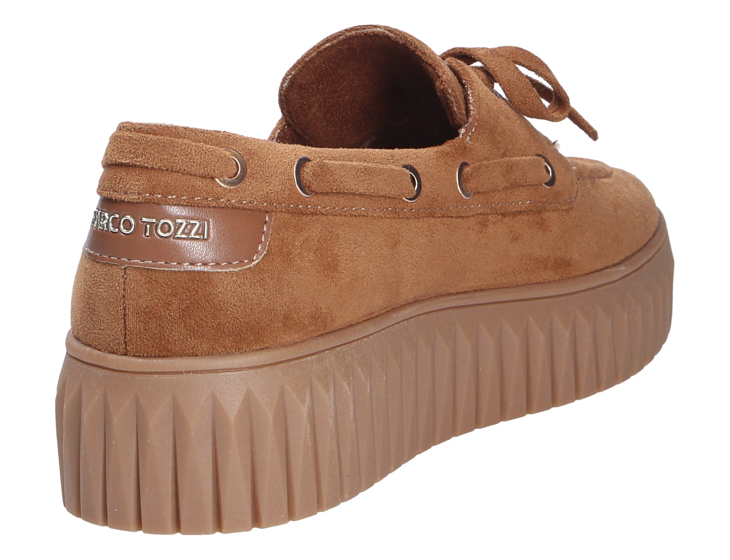 Marco Tozzi Damen Schnürschuhe in Braun aus Veloursleder mit Schnürung, Zierösen und markanter Plateausohle, Rückansicht