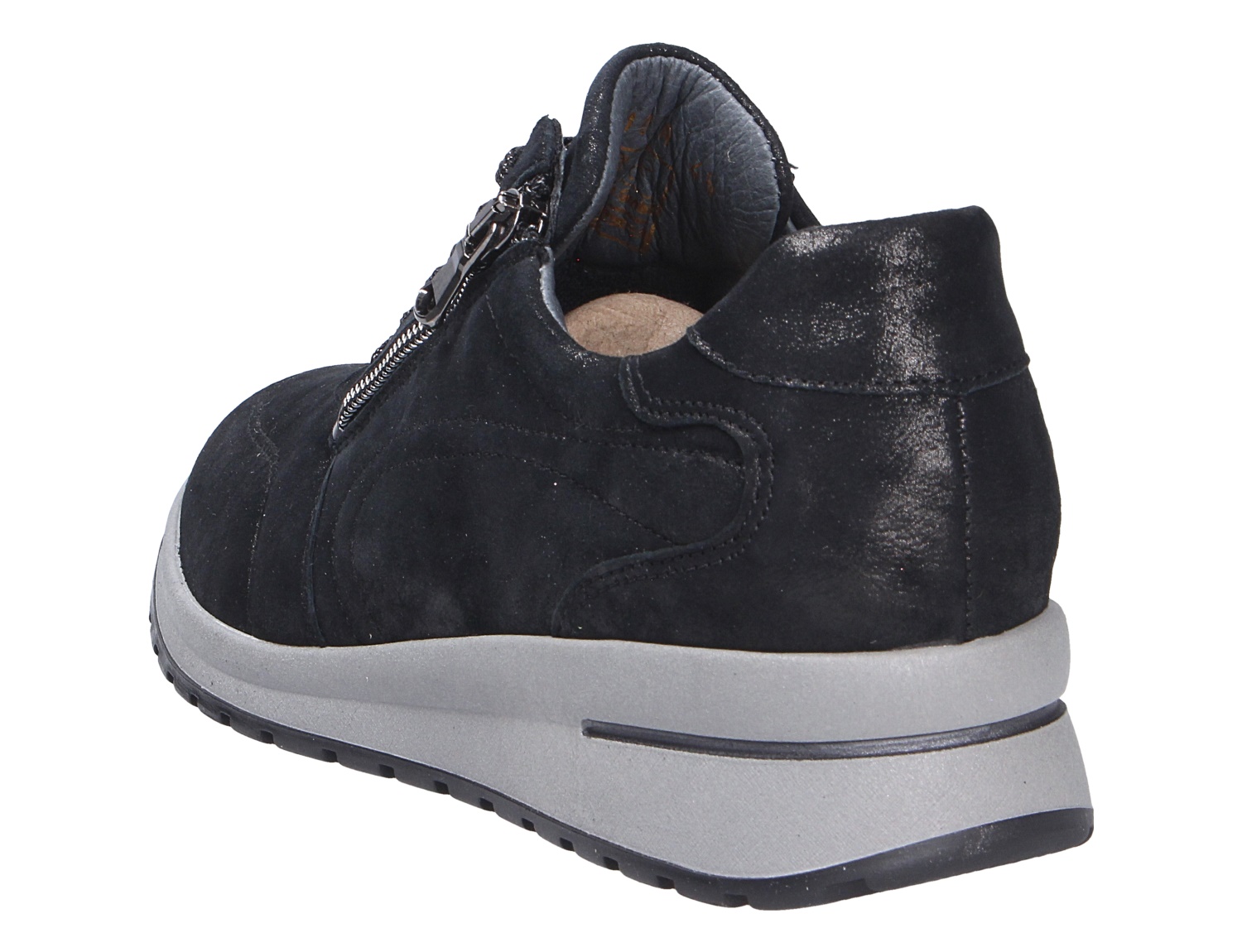 Waldläufer H-Inessa Damen-Sneaker in Dunkelblau, Seiten- und Rückansicht mit Reißverschluss, Lederoptik und heller Keilsohle