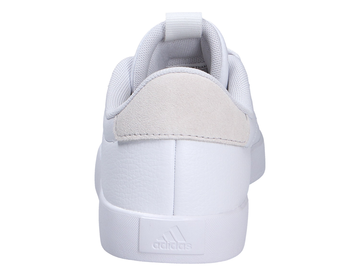 Rückansicht des Adidas VL COURT 3.0 Sneakers in Weiß mit gepolstertem Schaft, Fersendetail und Adidas Logo an der Sohle