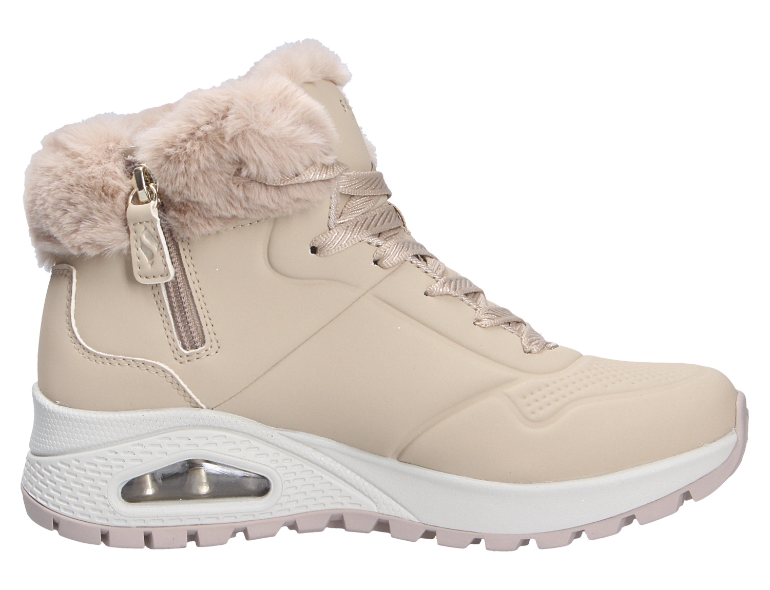 Skechers Uno Rugged Damen-Sneaker-Boot, beige, Seitenansicht mit Kunstfellkragen, Schnürung, seitlichem Reißverschluss und profilierter Sohle