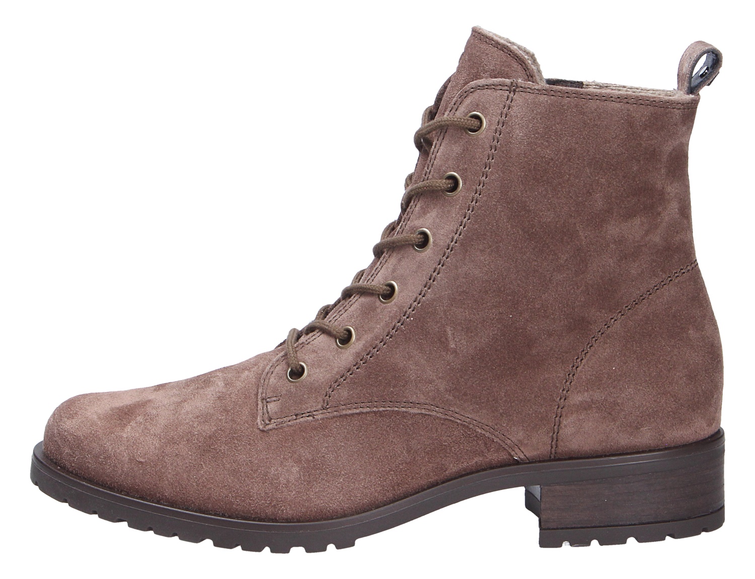 Paul Green Damen Stiefel aus braunem Veloursleder, seitliche Ansicht mit Schnürung, Blockabsatz und robuster Profilsohle