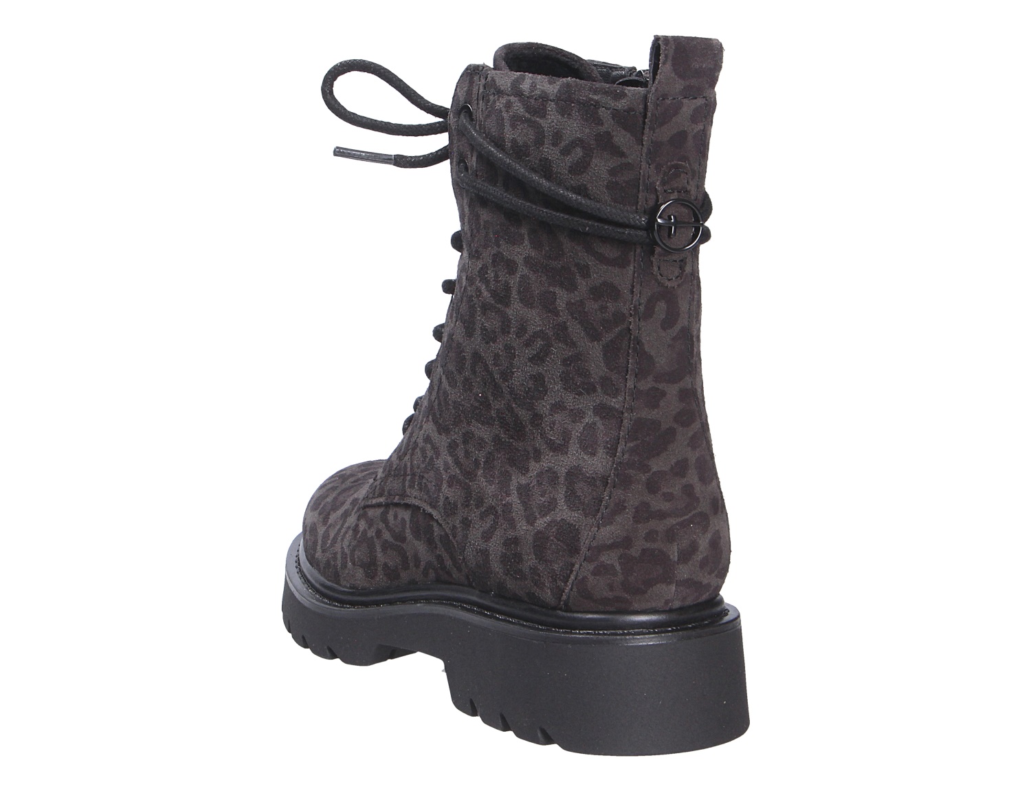 Tamaris Damen Stiefel in Schwarz mit dezentem Leo-Muster, Schnürung und markanter Profilsohle, Rückansicht