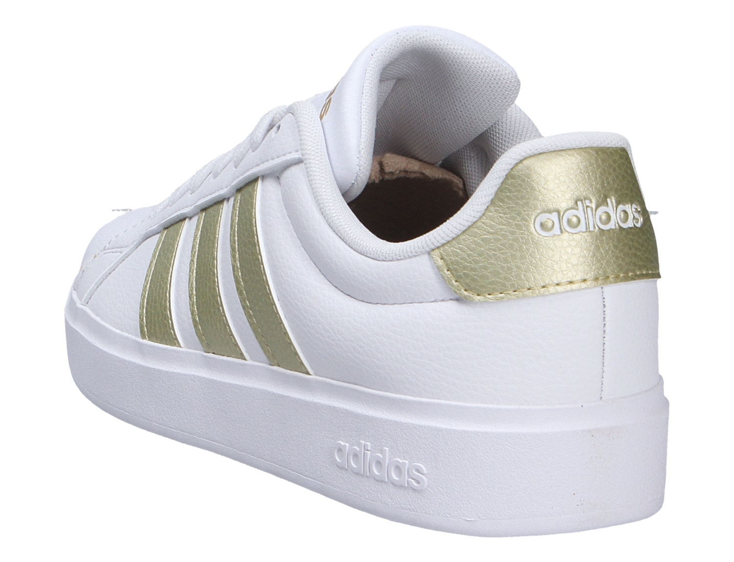 Adidas STREETTALK Sneaker in Weiß mit goldenen 3-Streifen und goldener Ferse, Rückansicht des Freizeitschuhs