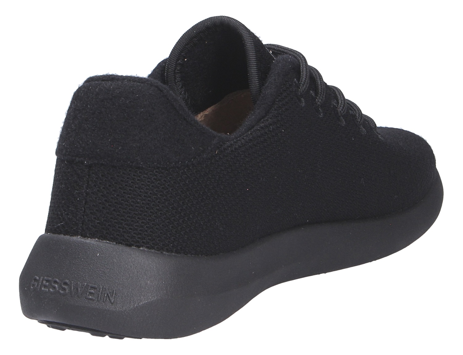 Rückansicht des schwarzen Giesswein Herren-Sneakers MERINO WOOL KNIT MEN aus Merinowolle mit Schnürung und leichter Sohle