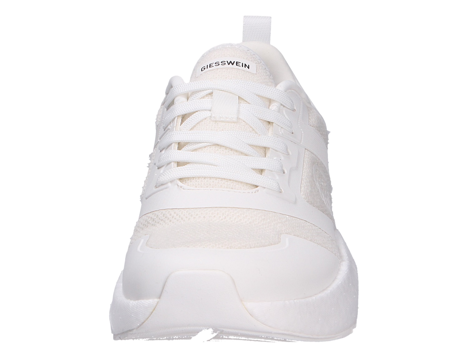 Frontalansicht des weißen Giesswein Damen-Sneakers WOOL PEAK WOMEN mit Schnürung und markanter Sohle