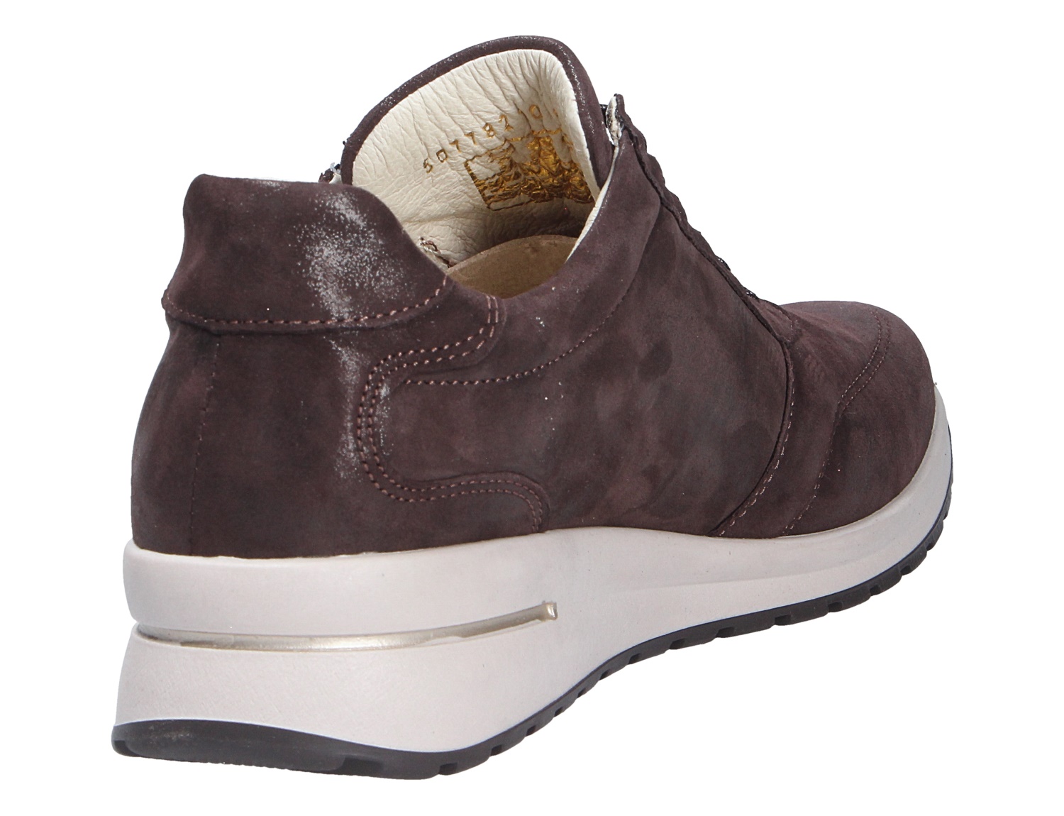 Waldläufer H-Inessa Damen-Sneaker in Dunkelbraun aus Nubukleder mit weißer Keilsohle, gezeigt in Rück- und Seitenansicht
