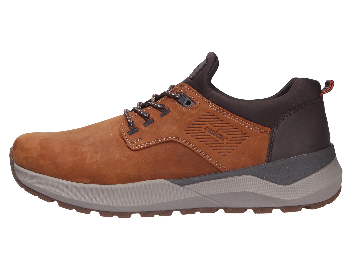Rieker Herren Sneaker aus braunem Lederimitat mit Schnürung, dunklem Schaftrand und profilierter heller Sohle in seitlicher Ansicht