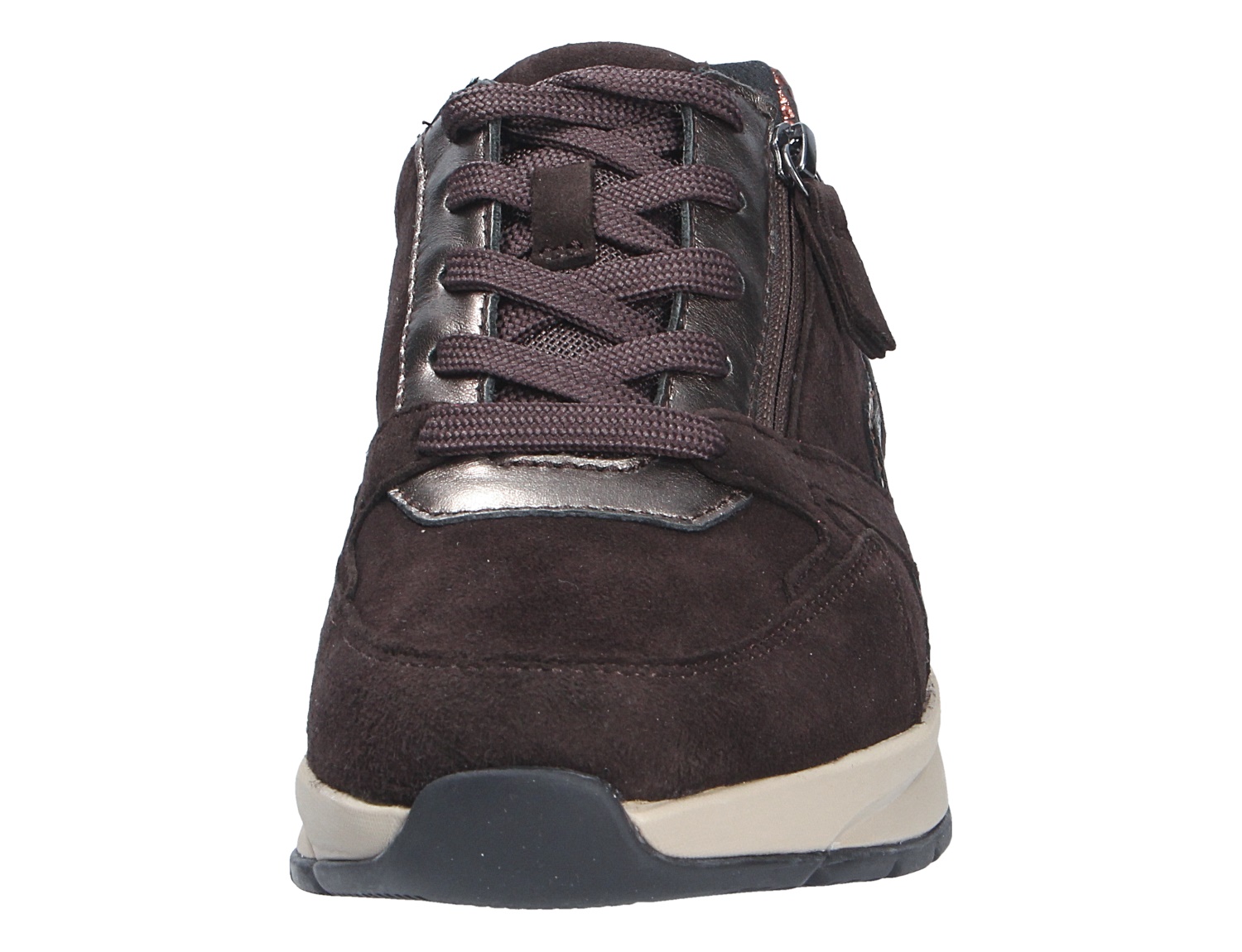 Frontansicht des Gabor Rolling Soft Sneakers in Dunkelbraun aus Veloursleder mit Schnürung, Metallic-Details und seitlichem Reißverschluss
