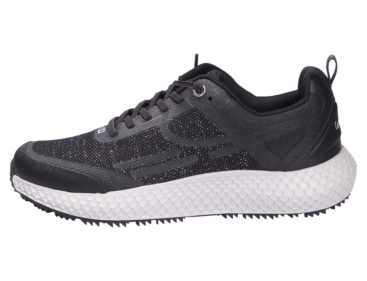 tenhaag Damen Sneaker, schwarzer Sportschuh mit atmungsaktivem Mesh-Obermaterial und weißer strukturierter Profilsohle in der Seitenansicht
