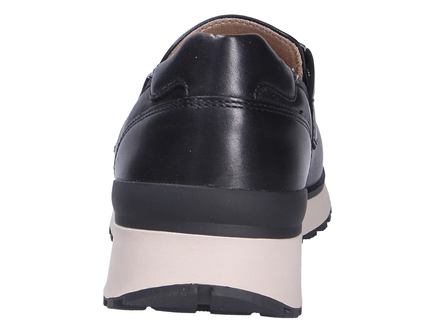 Caprice Damen Slipper in Schwarz, Rückansicht eines eleganten Schlupfschuhs mit kontrastfarbener Plateausohle