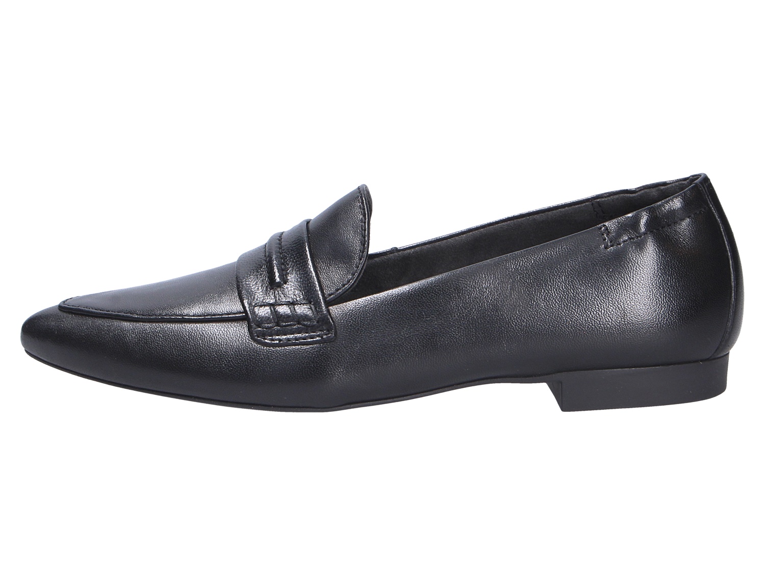 Paul Green Damen Slipper aus schwarzem Glattleder mit flachem Absatz und klassischer Penny-Loafer-Spange, seitliche Produktansicht