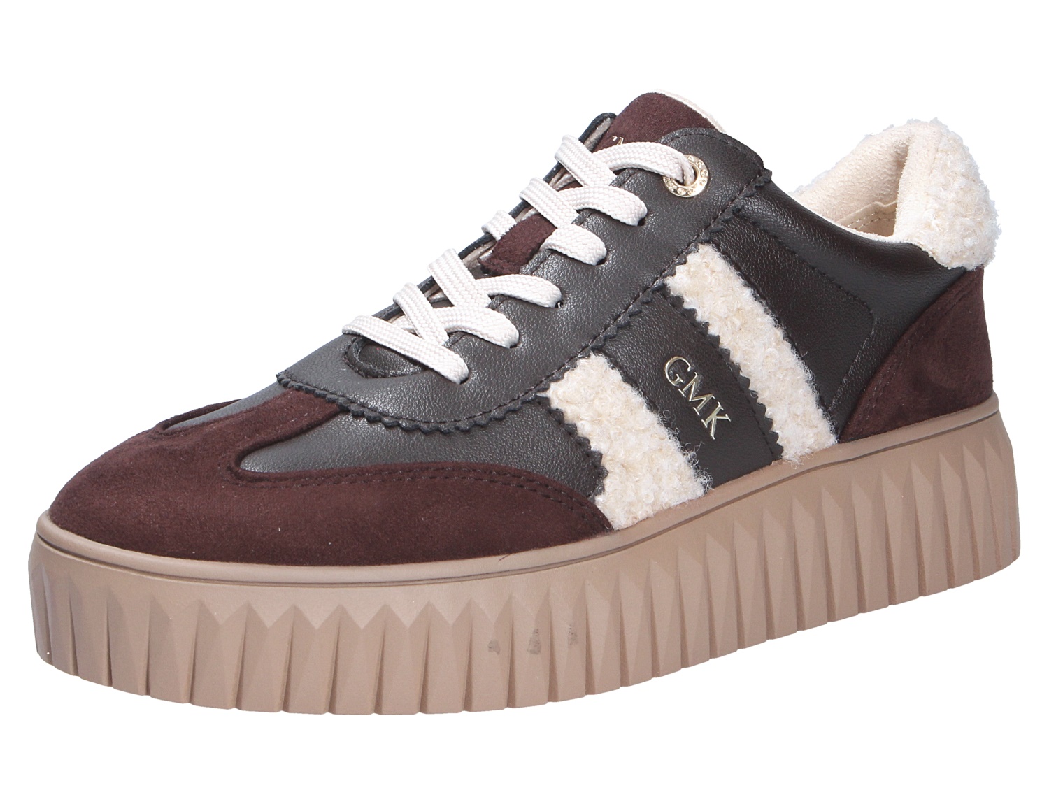 Marco Tozzi Damen Sneaker, brauner Freizeitschuh mit weißer Schnürung, Plateausohle und weichen Lammfell-Optik-Einsätzen