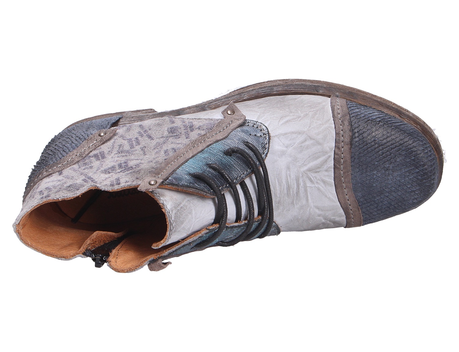 Charme ETNIC Damen-Stiefelette aus grauem Leder, Draufsicht mit Schnürung, Reißverschluss und strukturierter Zehenkappe