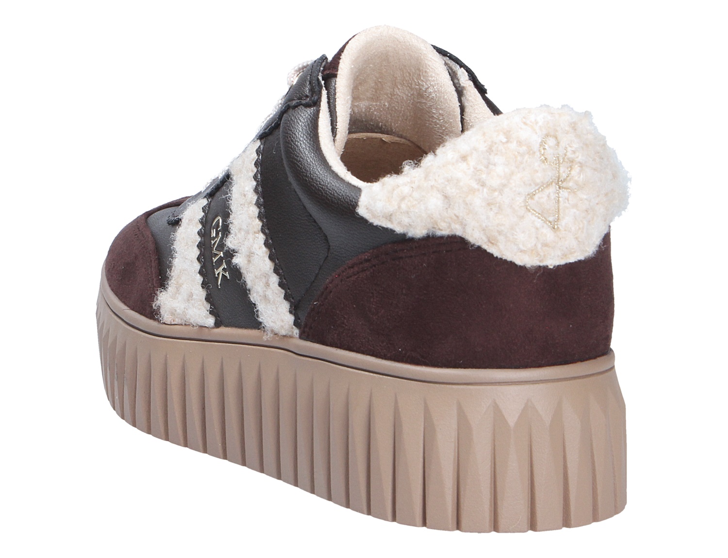 Rückansicht des Marco Tozzi Damen Sneaker mit kuscheligem Futter, braun-schwarzem Obermaterial und markanter Plateausohle