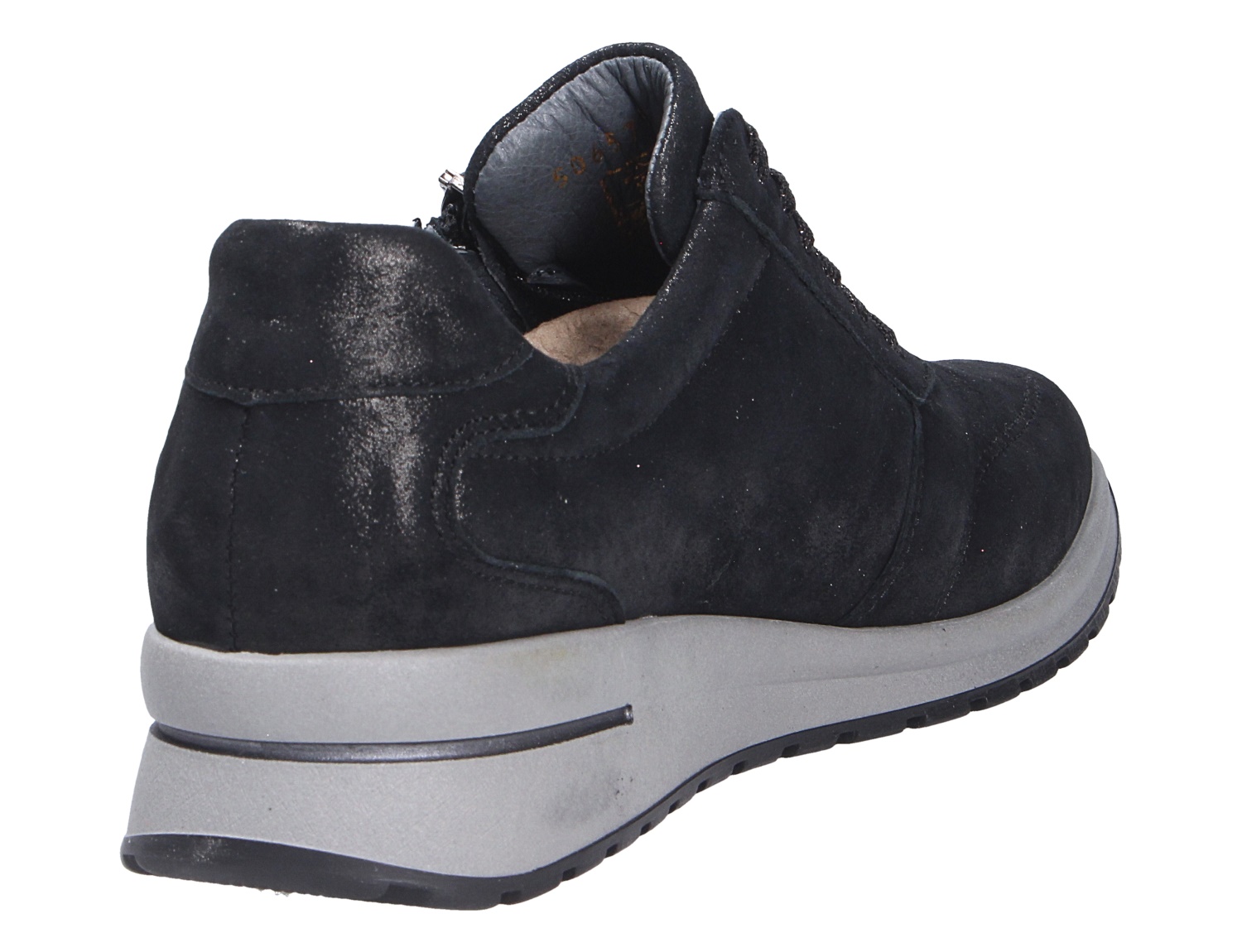 Waldläufer H-Inessa Damen-Sneaker in Schwarz mit seitlichem Reißverschluss und heller Keilsohle, Rückansicht