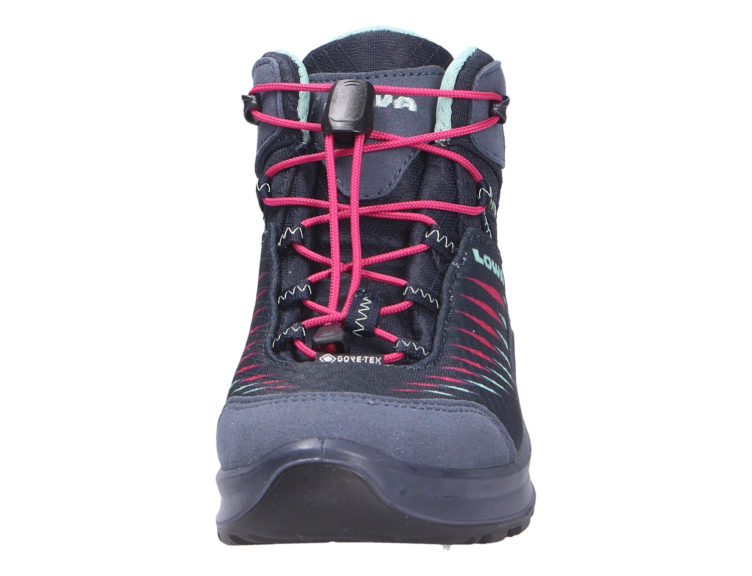 Frontansicht des Lowa ZIRROX II GTX MID JR: wasserdichter Kinder-Wanderschuh mit GORE-TEX, Mid-Cut, in Navy mit pinker Schnellschnürung.
