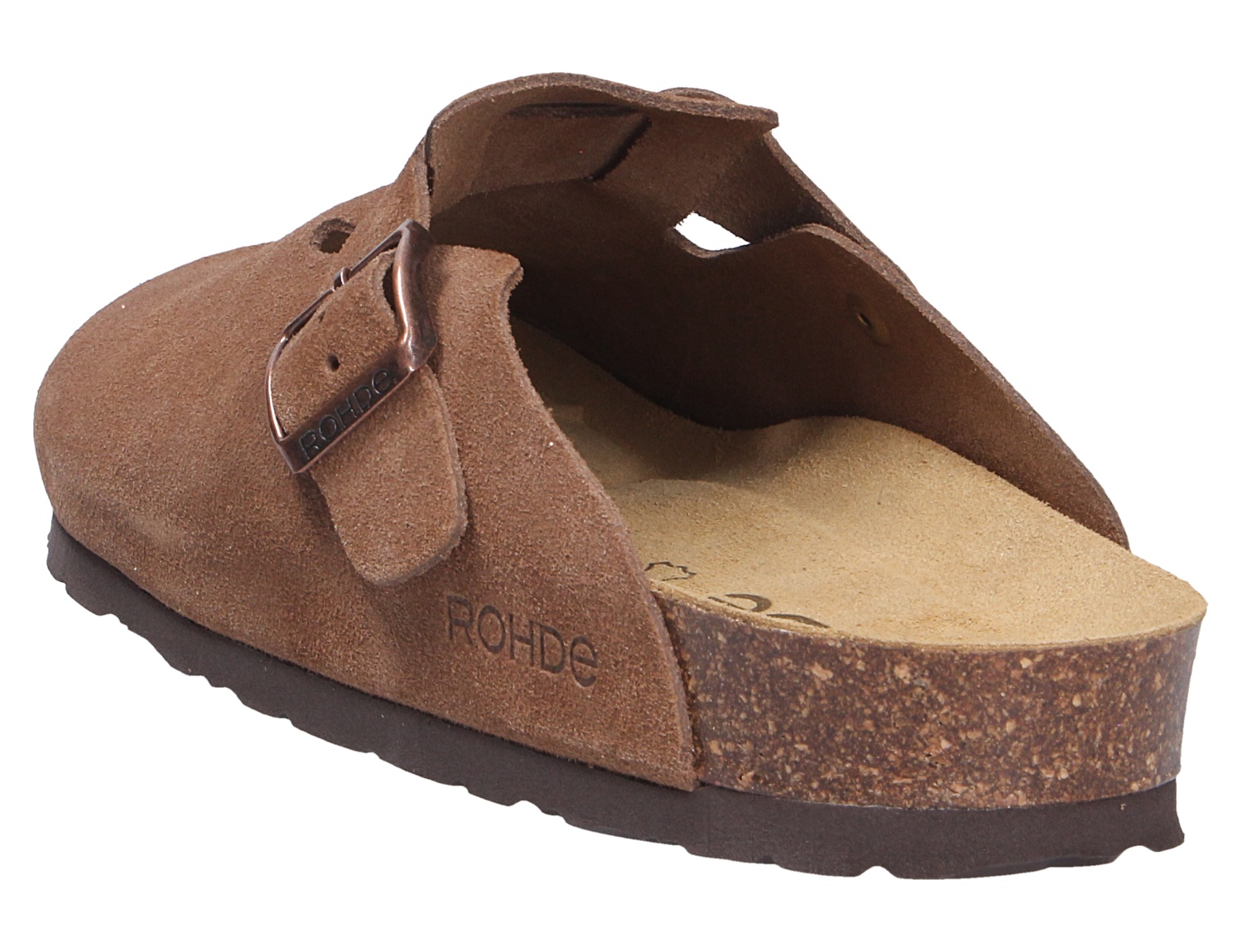 Rohde GRADO braune Clog-Pantolette aus Veloursleder mit verstellbarer Schnalle, Korkfußbett und rutschfester Sohle