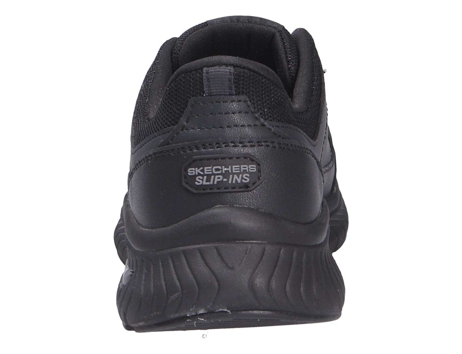 Rückansicht des schwarzen Skechers Arch Fit Sneakers mit Slip-Ins Fersenlogo und profilierter Sohle