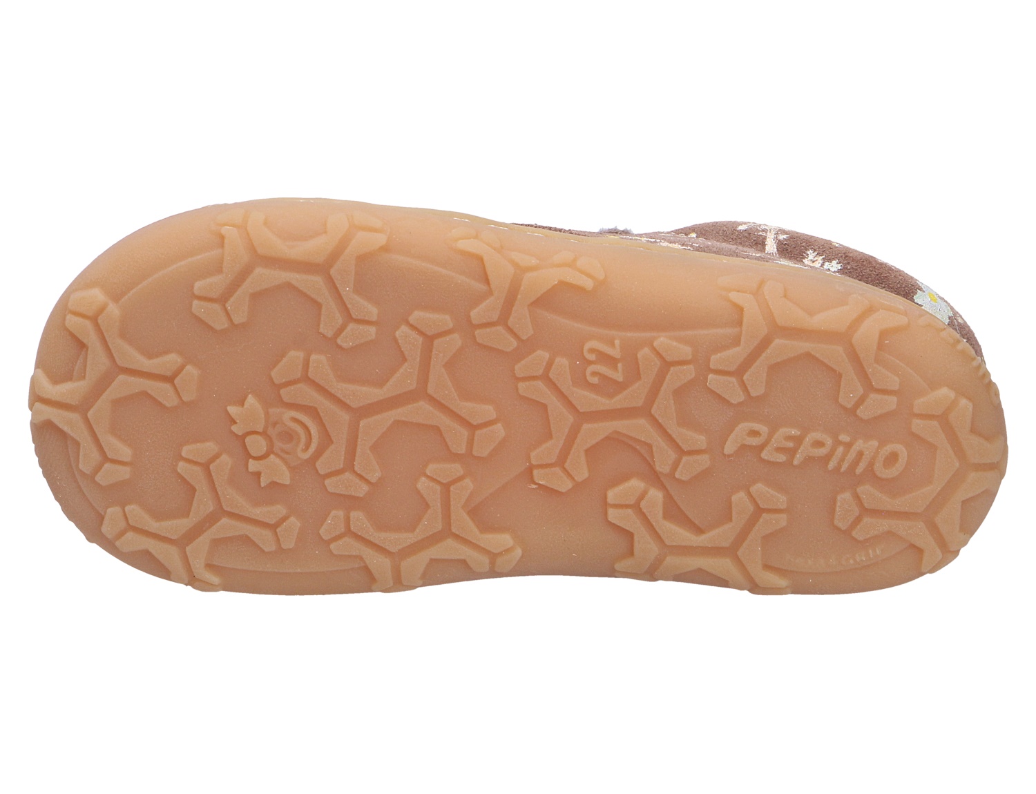 Unteransicht der profilierten Schuhsohle des Ricosta Cory mit rutschfestem Naturgummi-Profil in Honigfarbe